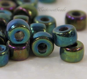 Rondelle Pony, Roller Beads, 9mm, 3.5mm Hole, Green Iris, Czech, 20 Pcs, 0040 - Picture 1 of 2