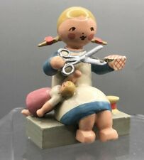 ERZGEBIRGE Sewing SEAMSTRESS Scissors DOLL Wood Figurine GERMANY Vintage