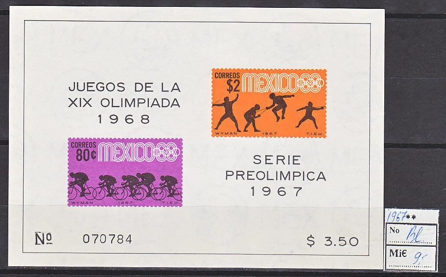 MTA0359.Mexico 1967 MNH Bl. imperf olympics cycling - Image 1 of 1