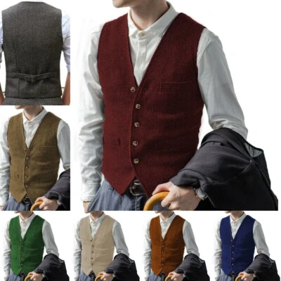 Business Mens Tweed Waistcoats Herringbone Vests Groomsman Vintage Wool Wedding+ - Photo 1/4
