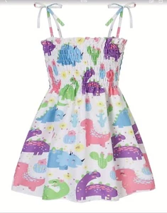 New Girls' Vibrant Print Lace-Up Sundress - Sleeveless, Smocked A-line Size 5-6Y - Picture 1 of 7