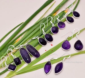 50 Pairs Lot Natural Amethyst Gemstone 925 Silver Plated Bezel Earrings L-966 - Picture 1 of 4