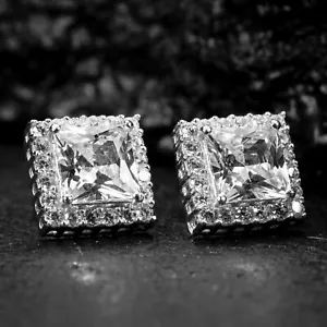 Men's 925 Sterling Silver Princess Cut Square Shape Cubic Zirconia Stud Earrings - Picture 1 of 5