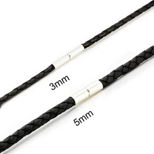 Mens Leather Necklace-Genuine Braided-925 Sterling Silver Twist Clasp-Black - Picture 1 of 7