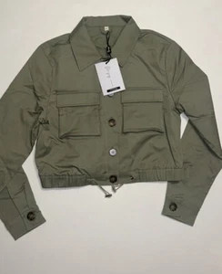 Womens Lightweight Cropped Green Utility Military Jacket Safari Button Down Coat - Picture 1 of 8