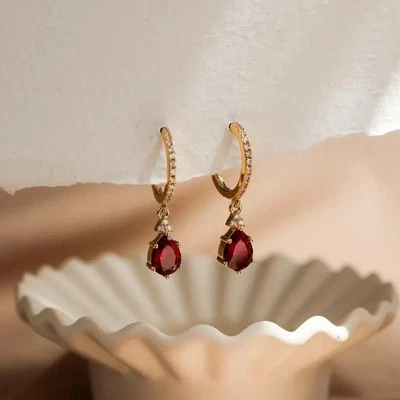 2Ct Pear Cut Simulated Ruby Drop Dangle Earrings 14k Yellow Gold Plated - Image 1 of 2