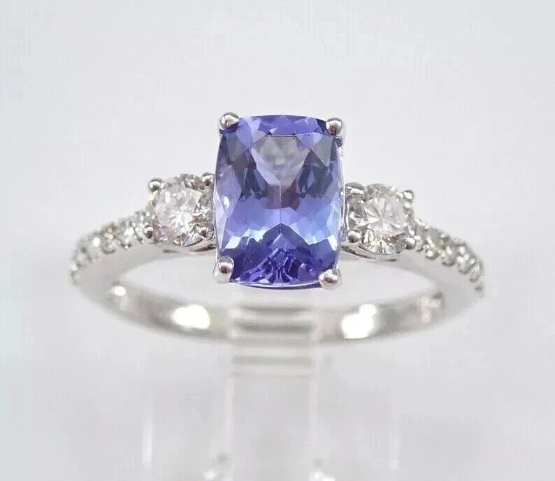 2.01 Ct Cushion Natural Tanzanite Solitaire Wedding Ring 14K White Gold Solid - Image 1 of 4