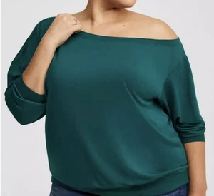 Torrid 5 (28) Botanical Garden Green Off-Shoulder Weight French Terry Sweatshirt - Picture 1 of 5