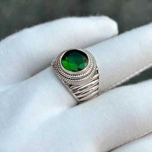 Men’s Green Emerald Designer Ring 925 Sterling Silver Statement Wedding Jewelry - Picture 1 of 6