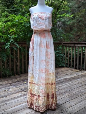 Gypsy 05/Global Village Silk Tie Dye Strapless Maxi Dress Small Cream Peach Rust - Image 1 of 4