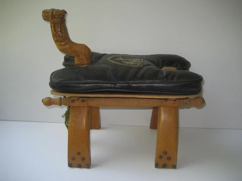 Vintage Child's Camel Padded Leather Saddle/Stool wood, chain studs, bell, etc Cover