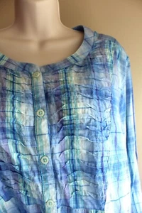 ERIKA Plaid Shirt Womens 3X Plus Blue Aqua Cotton Button Long Sleeve Pintucked - Picture 1 of 7