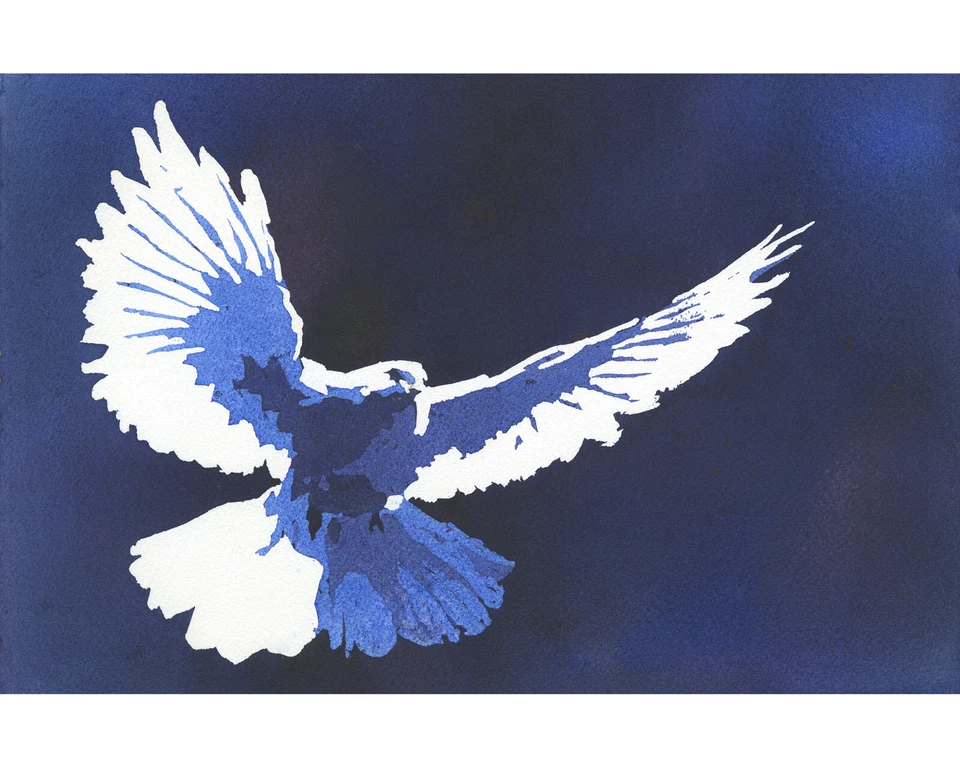 Dove colorful watercolor painting trendy wall art blue handmade art (print) - Image 1 of 4