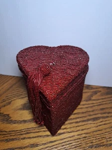 BEADED HEART SHAPE STORAGE BOX CRIMSON WITH TASSLE 6'' - Picture 1 of 9