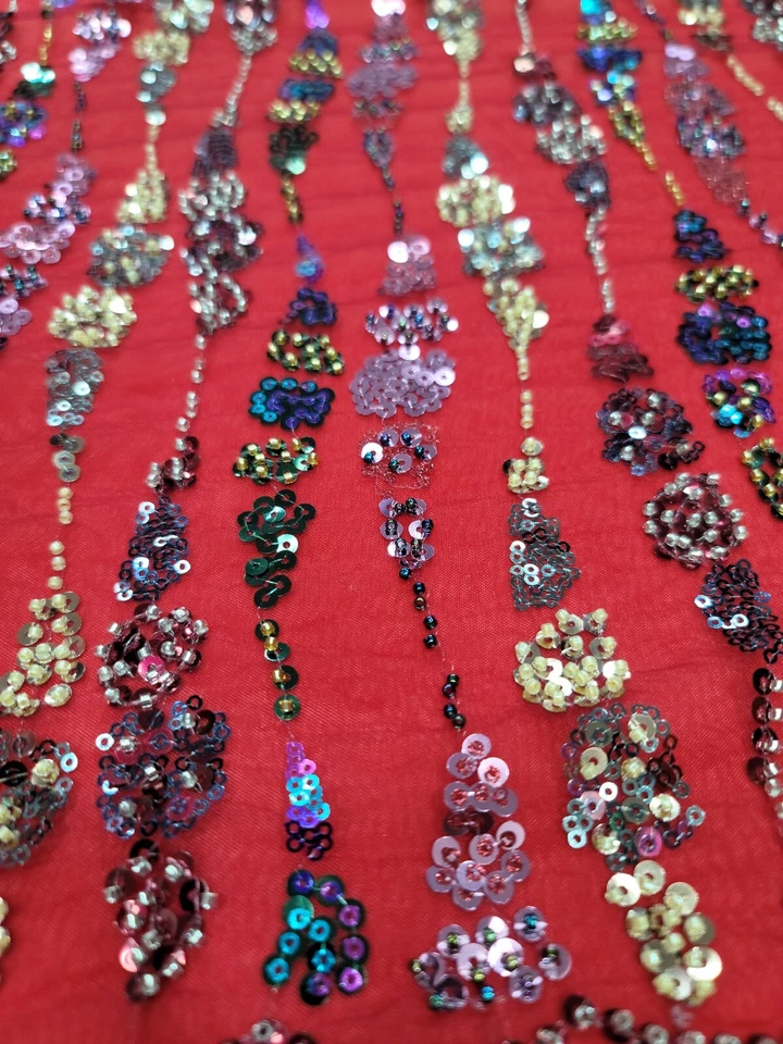 Fabric Sold By The Yard Red Beaded Lace Sequin Floral Embroidery Mesh For Dress  - Image 1 of 4