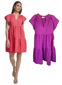Calvin Klein Women's Flutter Sleeve V-Neck Gauze Mini Dress Tiered Size 2 Purple - Picture 1 of 9