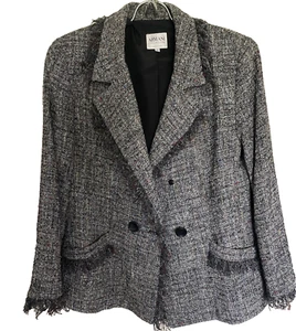 Armani Collezioni grau/schwarz Schurwolle Fransenbesatz Knopf Jacke/Blazer Gr. 10 - Bild 1 von 9