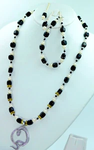 Stunning Black Cubes & Pearl Beads Necklace with Matching Bracelet Jewelry Set - Picture 1 of 8
