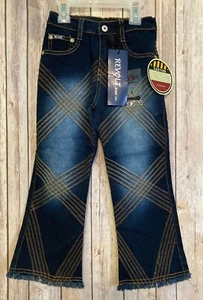 NWT Girls Revolt Jeans Rinse Blue Fringe Bottoms Brown Threading Size 4 NEW - Picture 1 of 3