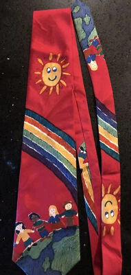 复古 Save The Children 系列“地球和平”彩虹 100% 真丝领带美国 — 第 1/4 张图片