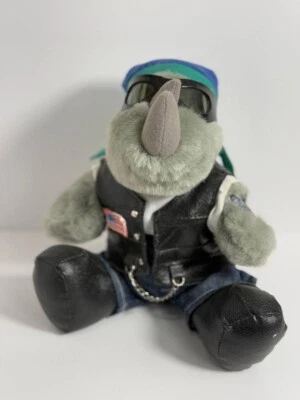 Rhinocort Stuffed Plush Biker Rhino Toy Faux Leather Vest - Image 1 of 2