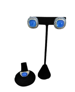 Vintage T & J silver & gold tone luminescent blue stone ring & earring set - Imagen 1 de 8