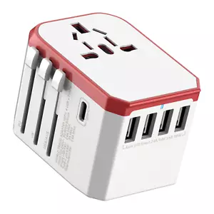 Worldwide Travel Charger Adapter w/ 4 USB Port, 1 USB-C, Universal Mains Socket - Picture 1 of 7