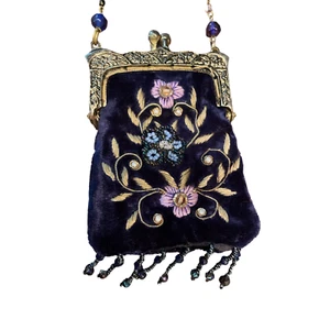 Vintage Blue Embroidered Beaded Small Handbag Made In India Clasp Velvet Bag - Picture 1 of 8