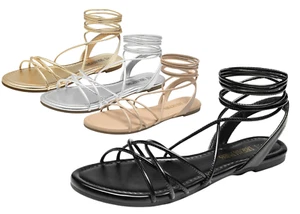 Women Lightweight Strappy Lace Up Open Toe Flat Sandals Walking Dress Shoes - Picture 1 of 36