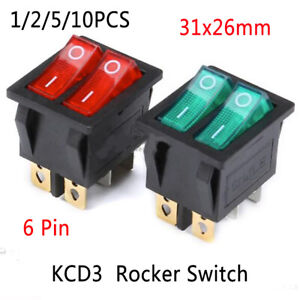 For 31x26mm KCD3 Double Connection Rocker Switch 6 Pin ON/OFF - Red Green Black