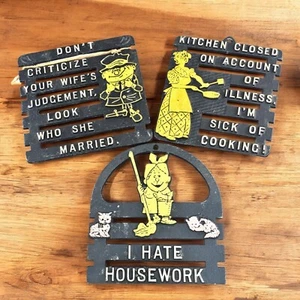 VTG Humorous Funny Metal Iron Trivets Wall Hang Wife Husband Cats MCM Decor Lot - Picture 1 of 9