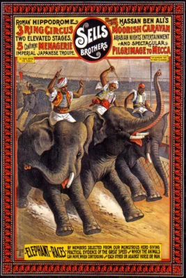 ELEPHANT RACES CIRCUS ARABIAN NIGHTS ENTERTAINMENT VINTAGE POSTER REPRO - Image 1 of 3