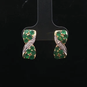 14k Yellow Gold Emerald and Diamond Ribbon Stud Earrings - Picture 1 of 10