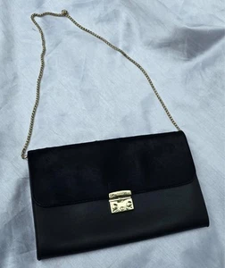 Vintage Furla Black Leather&Haircalf Shoulder Bag W/Gold Chain PristineCondition - Picture 1 of 20