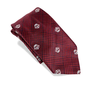 Vintage DAMON MEN'S NECK TIE Red/Navy Houndstooth Plaid EMBROIDERED CROWNS King - Picture 1 of 6