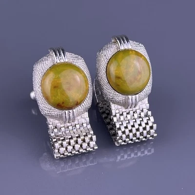 Gemelos envolventes de ágata verde amarillo tono plateado mediados de siglo Swank vintage Foto 1 de 4
