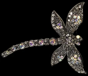 Rhinestone Molded Silver Tone Dragonfly Brooch Iridescent Multi Colored Rainbow - Picture 1 of 7