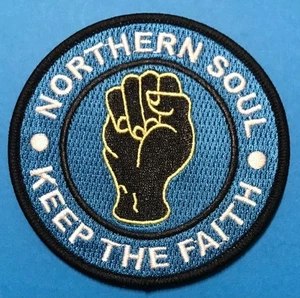 NORTHERN SOUL IRON ON PATCH - KEEP THE FAITH - BLUE / BLACK - 90MM DIA - Picture 1 of 1