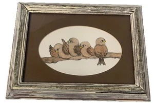 Vtg Framed Watercolor Print Carol Morrison Four Birds Beige Perched On A Branch - Picture 1 of 8