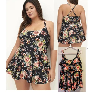 Torrid 3 (3X) Black Floral Short Length Wireless Padded Swim Dress Swimsuit New - Picture 1 of 1