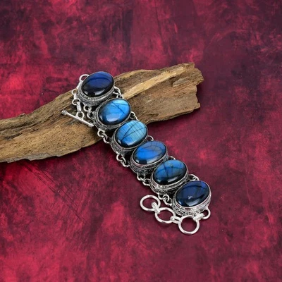 Natural Labradorite Gemstone 925 Sterling Silver Statement Jewelry Bracelet Gift - Image 1 of 4