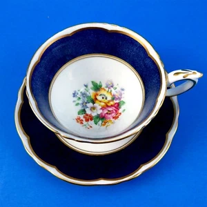 Crown Staffordshire Cobalt Blue Border with Floral Center Tea Cup and Saucer Set - Picture 1 of 4