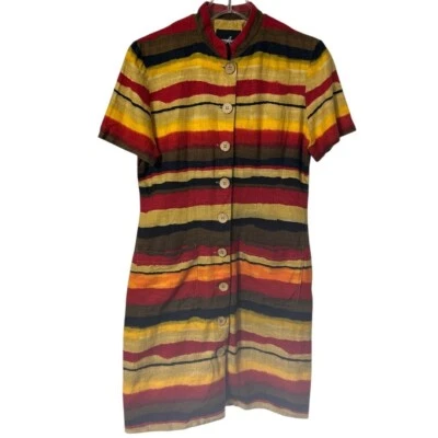 Vintage 90s Linen Blend Bold Striped Short-Sleeve Button-up Dress Size 6 Petite - Image 1 of 4