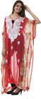 Womens Long Caftan Georgette Red Maxi Embroidered See-Through Dress L-54"