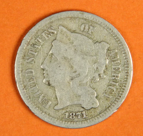 1871 Three Cent Piece Nickel ~ VG VERY GOOD TO FINE  3c US Type Coin Collectible Cover