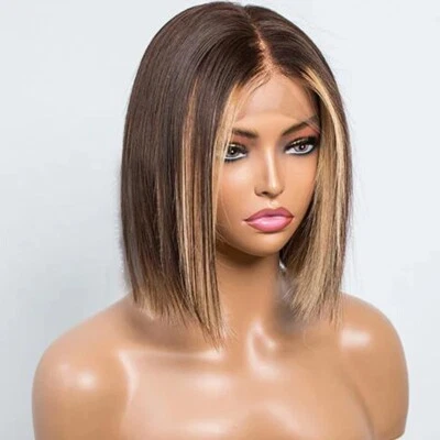 Pelucas Bob para mujeres pelucas de cabello humano rubio marrón resaltado encaje peluca frontal 13x4  Foto 1 de 4