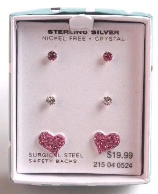 Ragazze Argento Sterling 925 Trasparente Rosa Cristallo Cuore Post Orecchini New - Immagine 1 di 2