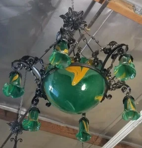 Vintage Wrought Iron Chandelier Green Glass Shades Hand Made Art Deco Style - Picture 1 of 12