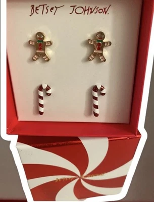 Juego de 2 pares de pendientes Betsey Johnson bastón de caramelo y pan de jengibre hombre nuevo Foto 1 de 4