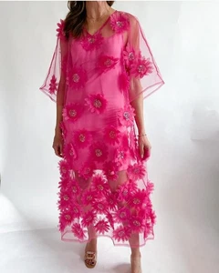 Tela Luxury Mercantile West Palm Beach Floral Mesh Maxi Dress Hot Pink OS - Bild 1 von 12